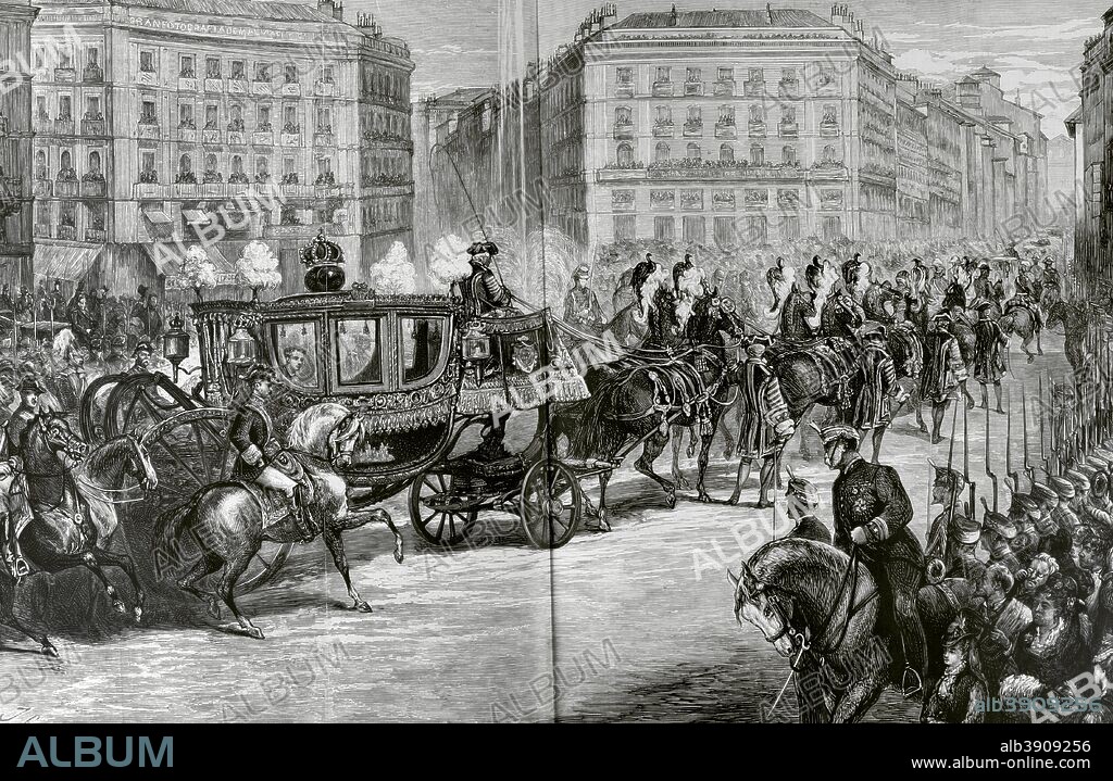 España. Restauración Borbónica. Reinado de Alfonso XII (1874-1885). Madrid. Paso de la regia comitiva por la Puerta del Sol. Dibujo por Comba. Grabado. Suplemento del ejemplar del 22 de Febrero de 1876. La Ilustración Española y Americana. Biblioteca Histórico Militar de Barcelona, Cataluña, España.