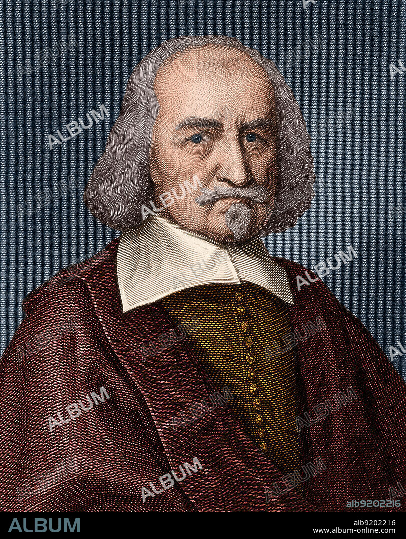 Thomas Hobbes (1588-1679). Line engraving by William Humphrys, 1839. Hobbes was an English philosopher, the founder of modern political philosophy, best known for his 1651 book Leviathan, in which he expounds a formulation of social contract theory. Colorized.