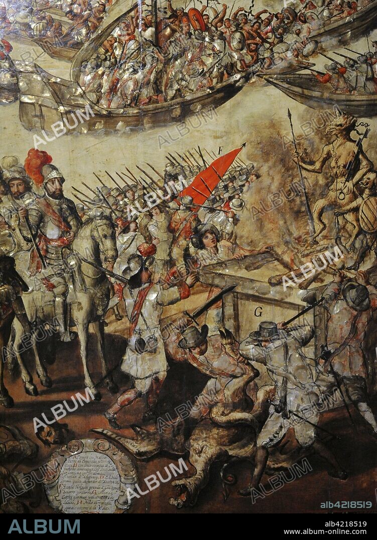 Título: Conquista de México. Autor: Anónimo. Tabla, pintura al óleo, nácar. Técnica: Enconchado. Escena de Cortés ordenando quemar y destrozar los ídolos. Detalle. 1676-1700. Escuela Mexicana. Virreinato de la Nueva España. México. América del Norte. Museo de América. Madrid. España.