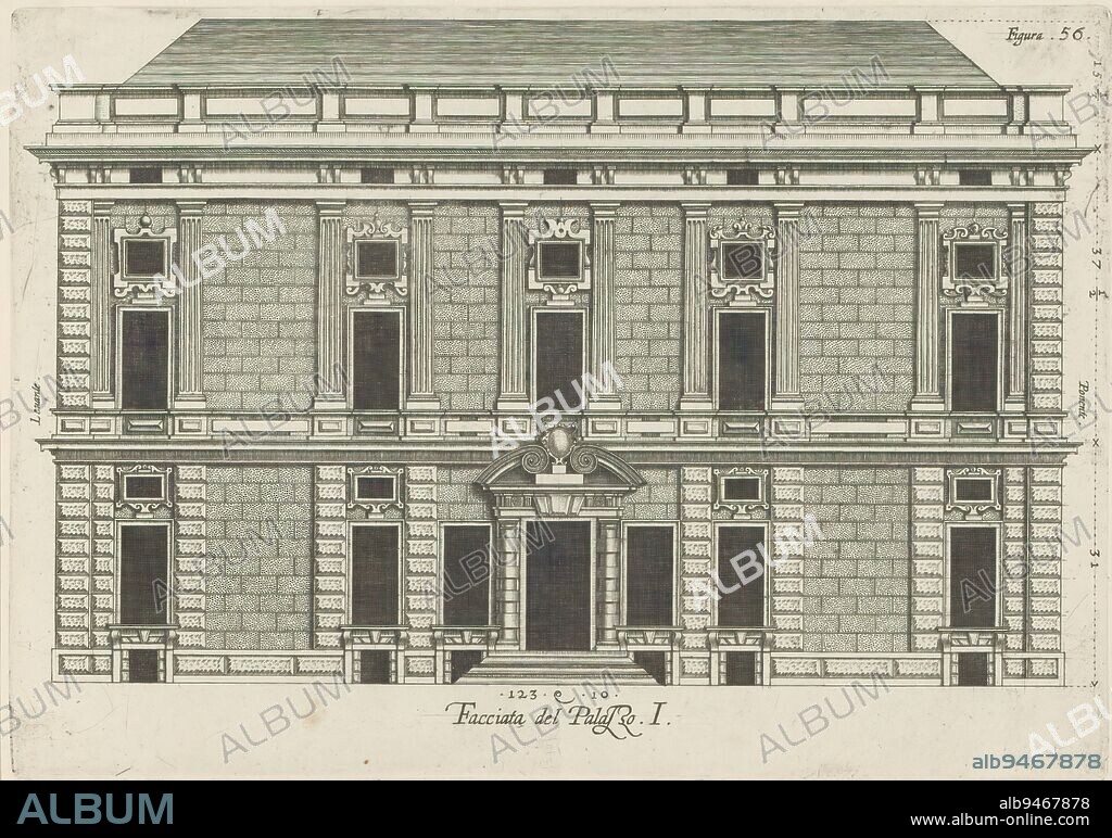 Upright view of the facade of the Palazzo Rostan Raggio at Genoa, Facciata del Palazzo. I (title on object), This print is part of an album., print maker: Nicolaes Ryckmans, publisher: Peter Paul Rubens, Spaanse kroon, Antwerp, 1622, paper, engraving, height 184 mm × width 262 mm, height 583 mm × width 435 mm.