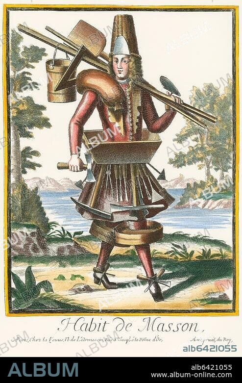 Trade and craft: mason, bricklayer.-"Habit de Masson".-(Phantasy costume of a mason with attributes of his trade). / Copper engraving by Nicolas II de Larmessin (L'Armessin; 1632/38-1694). From the series: Les Costumes Grotesques: Habits des métiers et professions, Paris, 1695, fol.67. Later colouring.