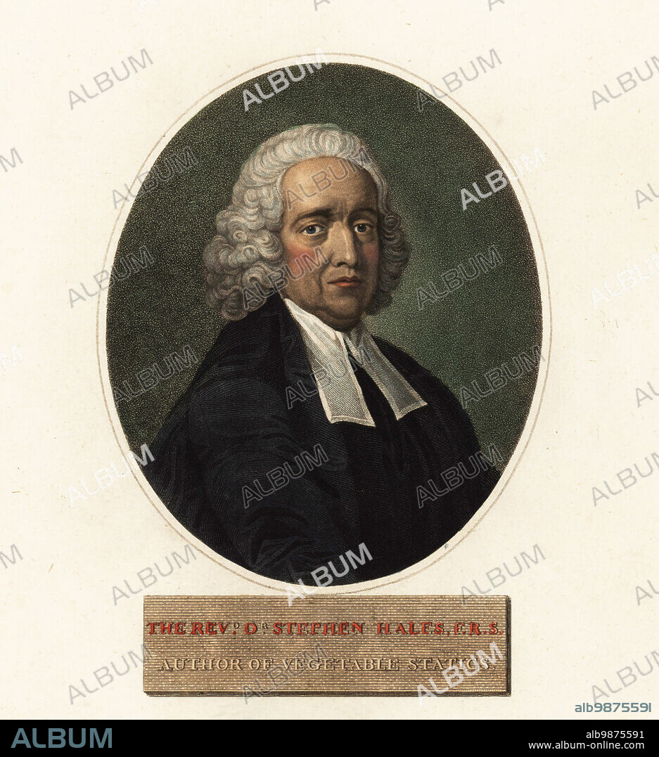 Oval portrait of Reverend Dr. Stephen Hales, FRS, natural philosopher, botanist, chemist and inventor, author of Vegetable Staticks, 1677-1761. Handcoloured copperplate engraving by William Hopwood after a portrait by Thomas Hudson, RA, from Dr. Robert John Thorntons New Illustration of the Sexual System of Carolus von Linnaeus, the Temple of Flora, London, 1800.