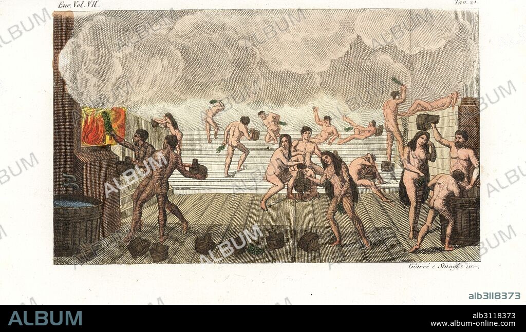 Russian banya, sauna or public baths, 18th century. Men and women scourging themselves with birch leaves, men throwing buckets of water on hot stones. Handcoloured copperplate engraving by Giarre and Stanghi from Giulio Ferrario's Costumes Ancient and Modern of the Peoples of the World, Florence, 1847.