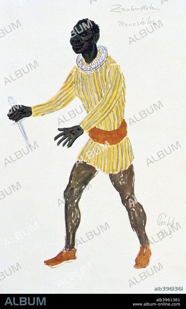 Costume design for Monostatos, 1913. Monostatos, a Moor in the service of Sarastro, the High Priest of Isis and Osiris. A character in The Magic Flute (Die Zauberflote), the opera by Wolfgang Amadeus Mozart (1756-1791) with libretto by Emanuel Schikaneder (1751-1812) which was first produced in Vienna in 1791. The plot has overtones of Freemasonry. Some say the Queen of the Night is based on the Empress Maria Theresa (1717-1780). Design for a 1913 production at the Paris Opera. From the Bibliotheque Nationale, Paris.