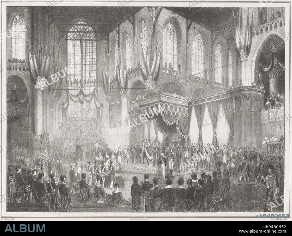 Inauguration of King William II in the Nieuwe Kerk, Amsterdam, 28 November 1840. The king standing before the throne takes the oath, Inauguration of H.M. William. II. In the Nieuwe Kerk in Amsterdam on November 28, 1840., print maker: George Coutteau, (mentioned on object), intermediary draughtsman: Berckhout, (mentioned on object), printer: L. Lévèque, print maker: Netherlands, intermediary draughtsman: Netherlands, printer: Amsterdam, 1840, paper, h 387 mm × w 477 mm.