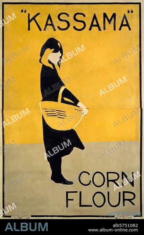 J. & W. Beggarstaff, pseudonym for British artists William Nicholson and James Pryde for their collaborative partnership in the design of posters and other graphic work between 1894 and 1899. "KASSAMA" CORN FLOUR. Adverting poster for corn flour. Colour lithograph, 1894. Design: Beggarstaff brothers (i. e. Sir William Nicholson, 1872-1949 and James Pryde, 1866-1941). Print: Henderson & Co., Glasgow.