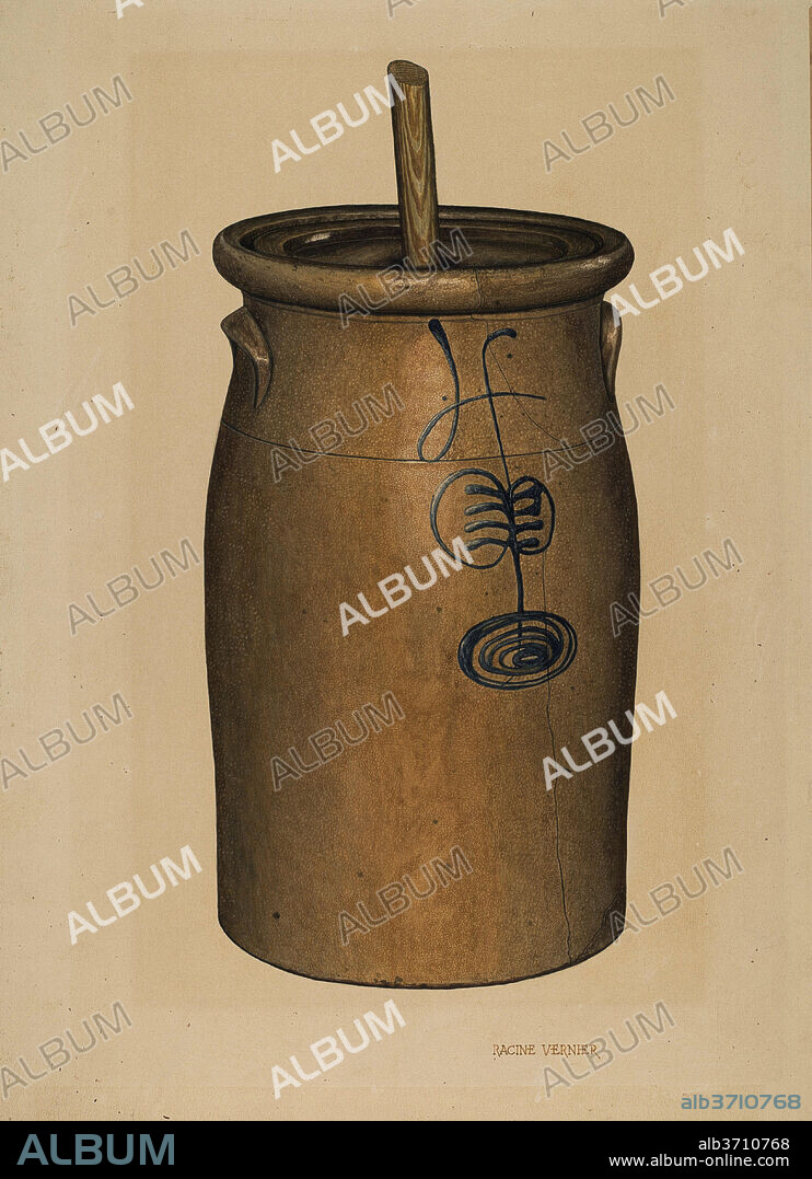 RACINE VERNIER. Churn. Dated: c. 1940. Dimensions: overall: 45.3 x 33.2 cm (17 13/16 x 13 1/16 in.)  Original IAD Object: 16" High  9" Dia(top)  30" Circum. Medium: watercolor, graphite, colored pencil, and gouache on paperboard.