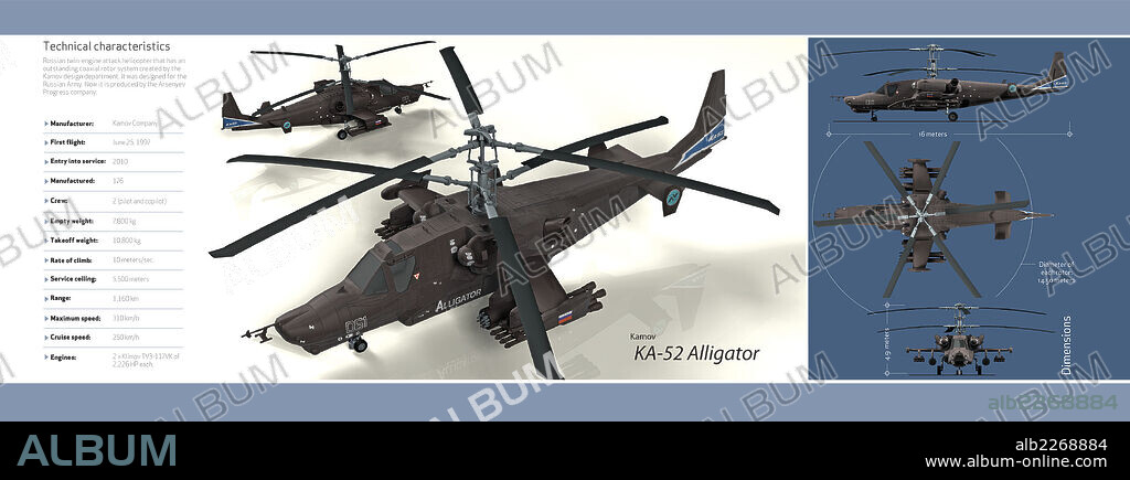 Kamov KA 52 Alligator. Infographic of the military helicopter Kamov KA-52 Alligator, produced in Russia, which first flight was made in 1997.
