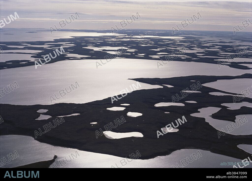 Aerial of the Mackenzie River Delta in the Northwest Territories, Canada, near Inuvik.