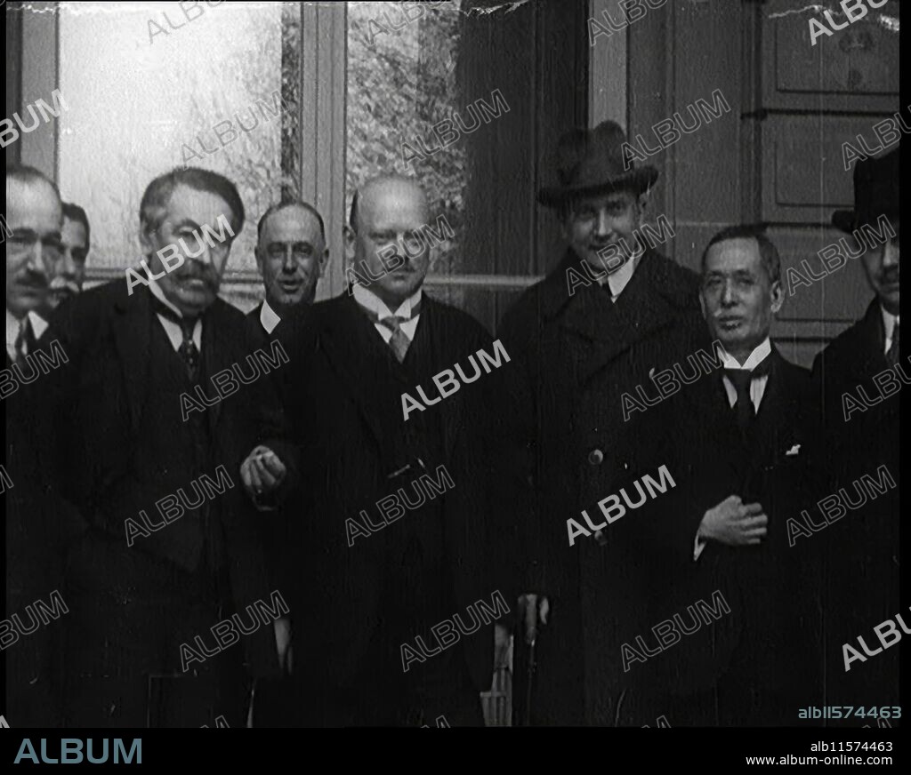 Aristide Briand and Gustav Stresemann Standing Together Outside a Building With League of Nations Delegates, 1924. From "Time To Remember - A Trip To Europe", 1924 (Reel 1); a look at political and social life in Europe and beyond during 1924.