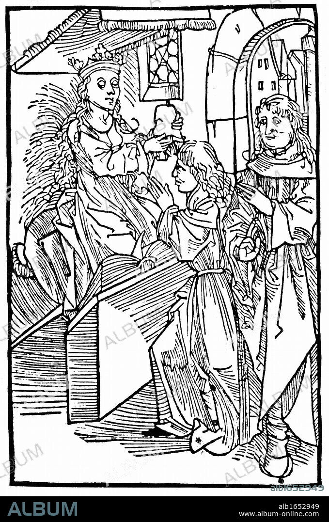Cassandra, legendary Greek Trojan princes and prophetess, daughter of Priam and Hecuba, delivering a prophecy. Rejected Apollo's advances, so he made it so no one believed her usually true prophecies. Prophet of doom. Woodcut.