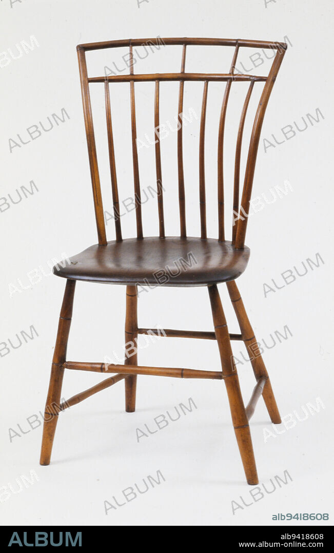 Rod-back Windsor side chair, c. 1807, attributed to William Sawyer, American, 17831830, 35 x 19 1/8 x 17 1/2 in. (88.9 x 48.58 x 44.45 cm), Maple, United States, 19th century, This is an especially elegant example of a Windsor chair, with its spindled back and contoured seat. Makers of everyday American furniture of the 19th century concentrated on simplicity and functionality, using available woods. These pieces are noted for turned legs and other elements that were joined to each other with round tenons pushed into drilled holes.