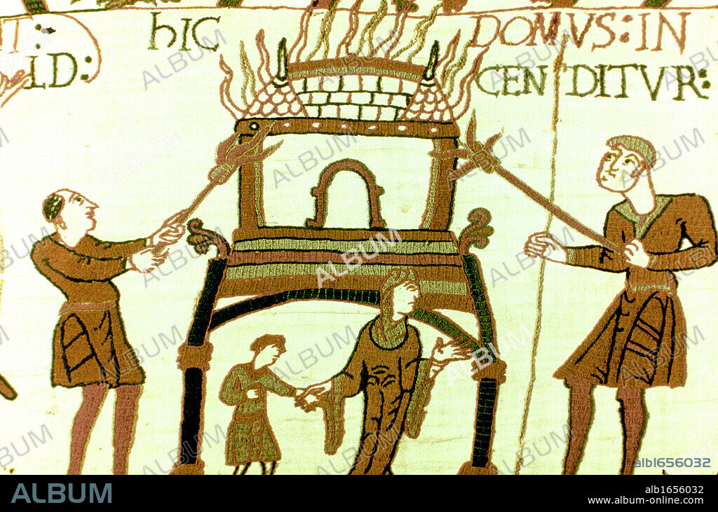 Bayeux Tapestry 1067: A pictorial narrative account of the conquest of England by William of Normandy and death of Harold II at Battle of Hastings in 1066. Woman and child fleeing from burning house. Textile Linen.