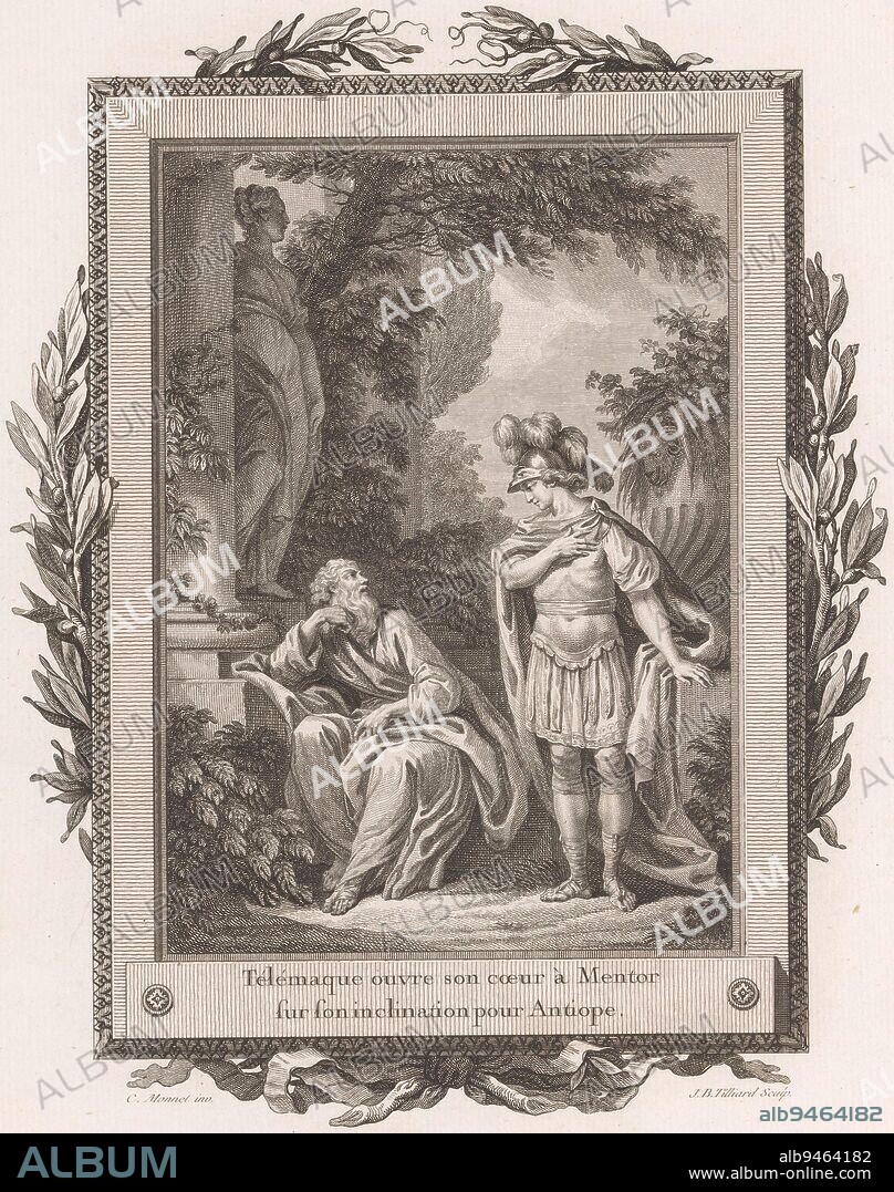 Telemachus, standing in front of Mentor in a garden or park, tells Mentor, seated in front of a statue to his left, about his love for Antiope. The scene is framed by an ornamental frame with olive branches and a bow at the bottom. Numbered top right: No. III. Telemachus tells Mentor of his love for Antiope, print maker: Jean-Baptiste Tilliard, (mentioned on object), intermediary draughtsman: Charles Monnet, (mentioned on object), publisher: Pierre Didot, print maker: France, intermediary draughtsman: France, publisher: Paris, publisher: Paris, publisher: Paris, publisher: Paris, publisher: Paris, 1785, paper, etching, engraving, h 316 mm × w 242 mm.