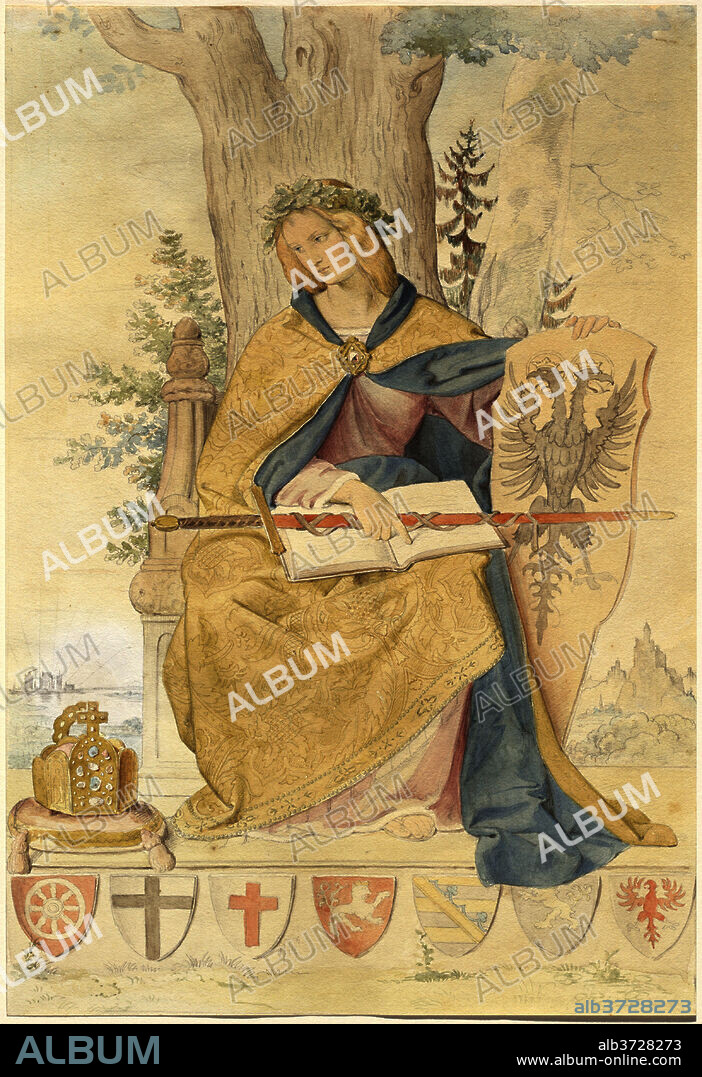 PHILIPP VEIT. Germania. Dated: 1833/1836. Dimensions: sheet: 42.3 x 28.9 cm (16 5/8 x 11 3/8 in.). Medium: pen and black, brown, and golden ink with watercolor over graphite on wove paper.