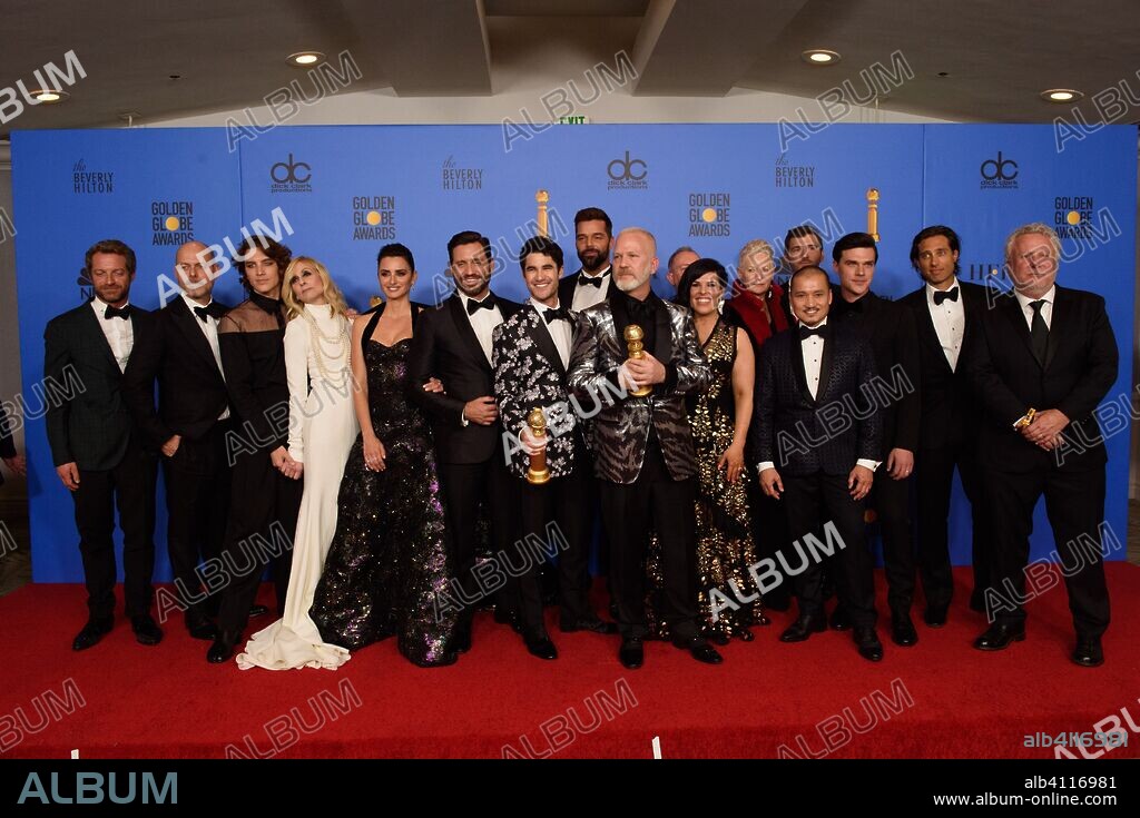 January 6, 2019 - Beverly Hills, California, U.S. - After winning the Golden Globe for Best Television Limited Series Or Motion Picture Made For Television for ''The Assassination of Gianni Versace: American Crime Story'' (FX Networks), Tom Rob Smith, Daniel Minahan, Cody Fern, Judith Light, Penelope Cruz, Edgar Ramirez, Darren Criss, Ricky Martin, Ryan Murphy, Alexis Martin Wodall, Lou Eyrich, Jon Jon Briones, Finn Wittrock, Brad Falchuk, and Larry Karaszewski pose with the award backstage in the press room at the 76th Annual Golden Globe Awards at the Beverly Hilton in Beverly Hills. 06/01/2019