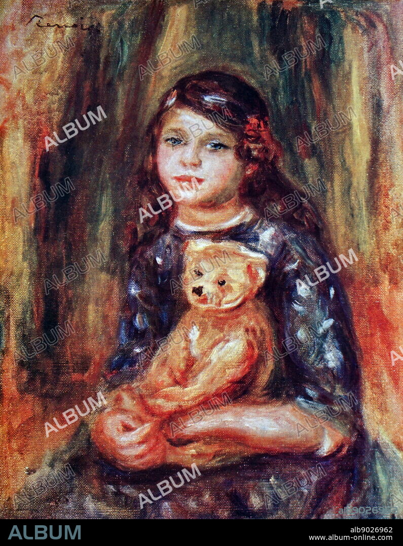 Painting titled 'Child with a Teddy' by Pierre-Auguste Renoir (1841-1919) a French artist of the Impressionist style. Dated 20th Century.