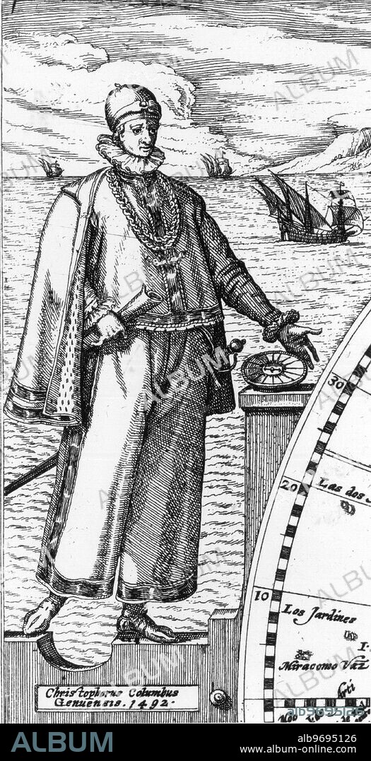 Christopher Columbus : 1451 - 1506 , navigator and explorer best known as the man who discovered America . This Portrait was made by Theodor de Bry detail taken from a map , Frankfurt , Germany.