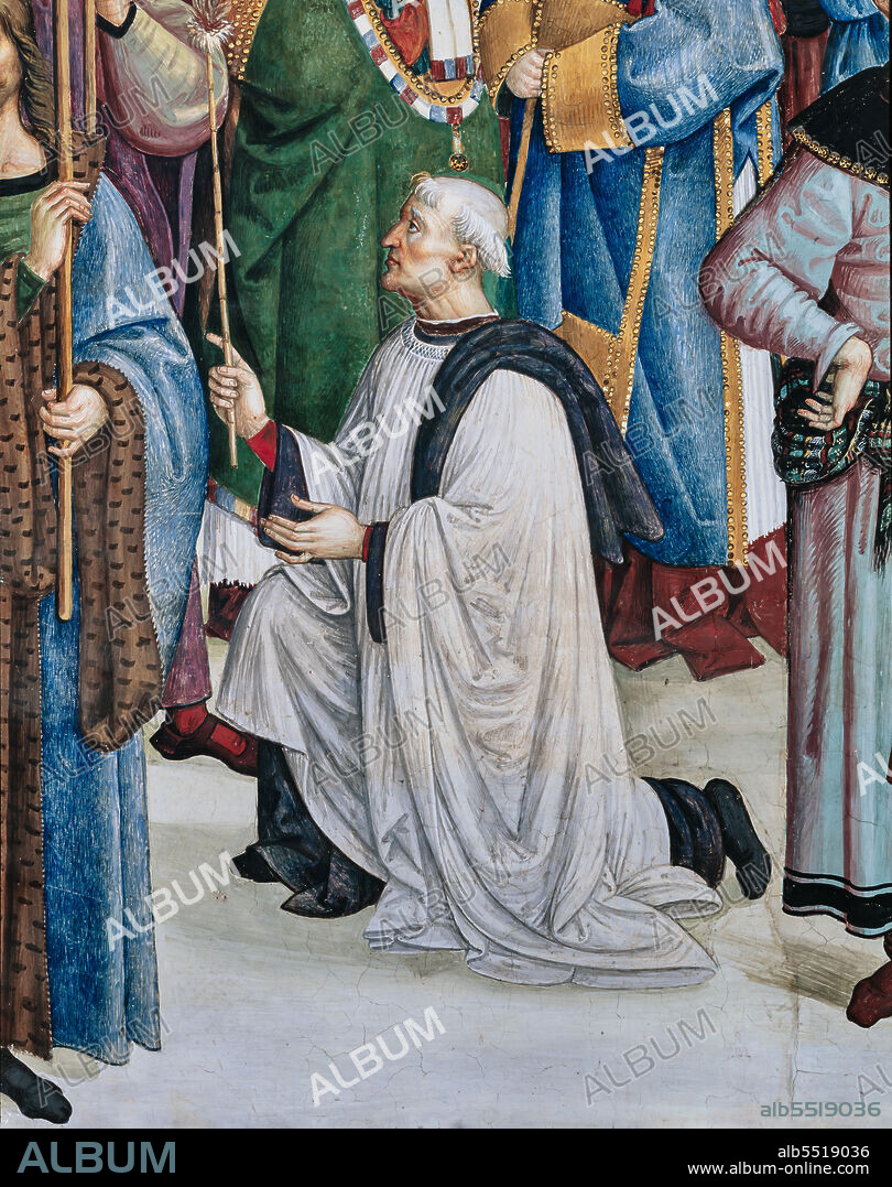 The Piccolomini Library, south west wall: Aeneas Sylvius, elected pope with the name of Pius II, enters St. Peters, September 3, 1458, the seventh one of the ten stories about Aeneas Sylvius Piccolomini, future Pope Pius II, (1503 - 1508), fresco by Bernardino di Betto, known as Pinturicchio. Detail with a kneeling priest burning a wisp of tow.