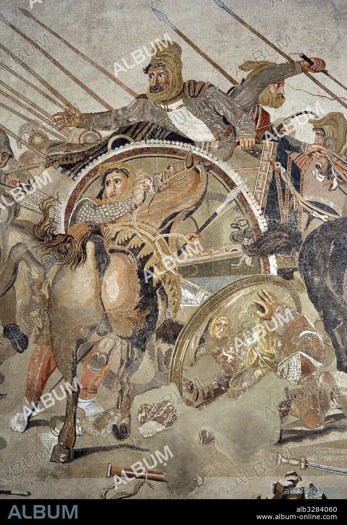 Alexander Mosaic. Battle of Issus (333 B.C.). Battle between Alexander the Great and the Achaemenid Empire, Darius III. Mosaic. Pompei, Casa del Fauno (VI, 12, 2). 2nd century AD. Detail. Darius III (380-330 BC). National Archaeological Museum, Naples. Italy.