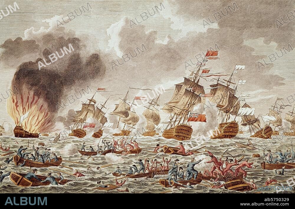Guerres coloniales des puissances européennes aux Indes occidentales : bataille navale au large des Saintes (îles des Caraïbes), surnommée "le Trafalgar antillais" ; victoire de la flotte anglaise commandée par George Brydes Rodney sur la flotte française du comte de Grasse le 12 avril 1782. A View of the GLORIOUS SEA FIGHT ... Gravure sur cuivre, coloriée, d'époque. Londres (Bowles & Carver). Paris, Bibliothèque Nationale.