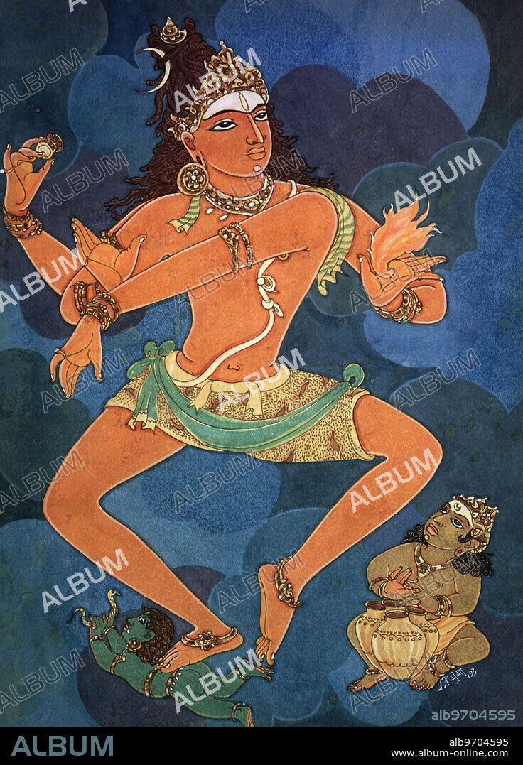 India: Artist S. Rajam. Hinduism - Hindu art - Himalayan Academy art - India - Religion - Spirituality - Shiva - God - Nataraja - Shiva dances in front of an asura - fire - drum - asura - nandi - cosmic being - cosmic dance - Siva - Supreme God.
