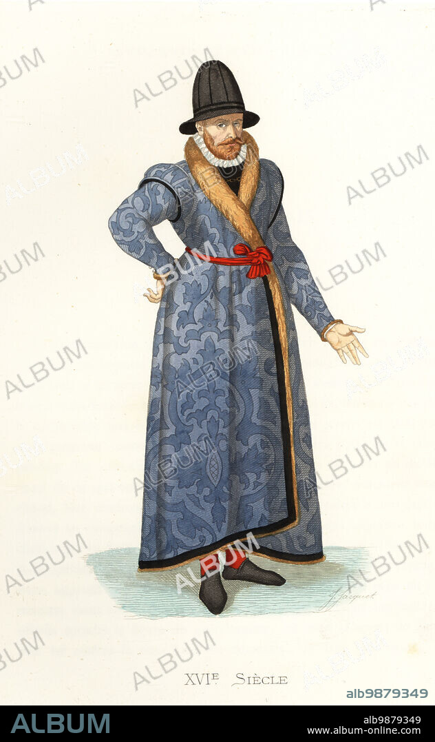English nobleman, 16th century. He wears a large fur-lined damask coat, justaucorps, hose and black felt hat. Noble Anglais. After a woodcut by Cesare Vecellio. Handcolored lithograph by Jules Jacquet after an illustration by Edmond Lechevallier-Chevignard from Georges Duplessis's Costumes historiques des XVIe, XVIIe et XVIIIe siecles (Historical costumes of the 16th, 17th and 18th centuries), Paris, 1867. Edmond Lechevallier-Chevignard was an artist, book illustrator, and interior designer.