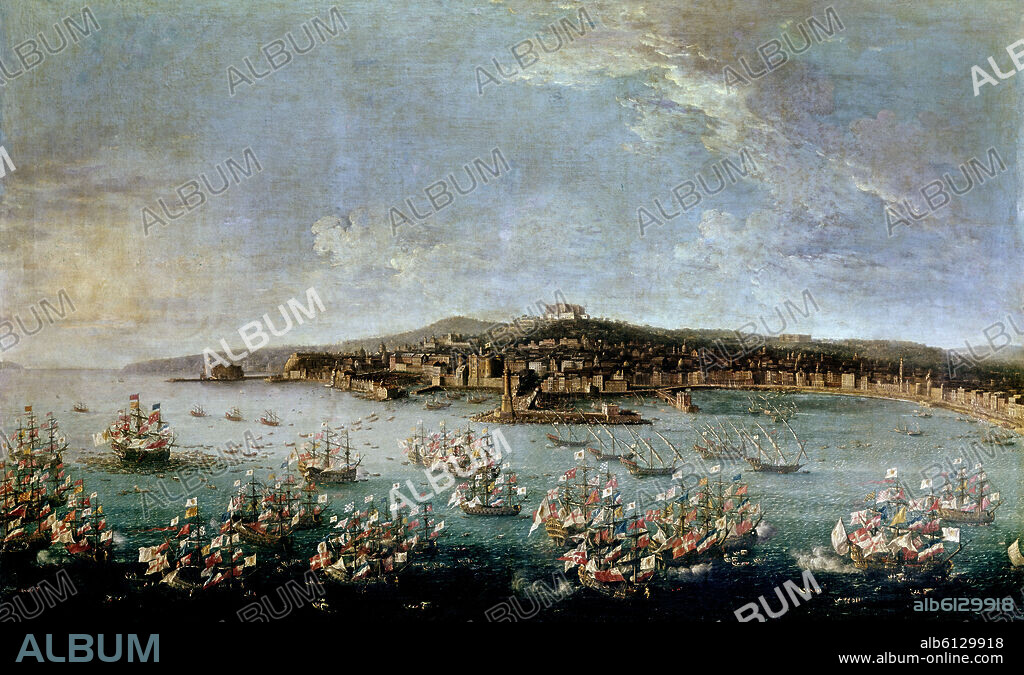 ANTONIO JOLI (1700-1777). 'Carlos III leaving the Port of Naples, as seen from the Sea', 1759, Oil on canvas, 127,5 cm x 204,8 cm, P00233.