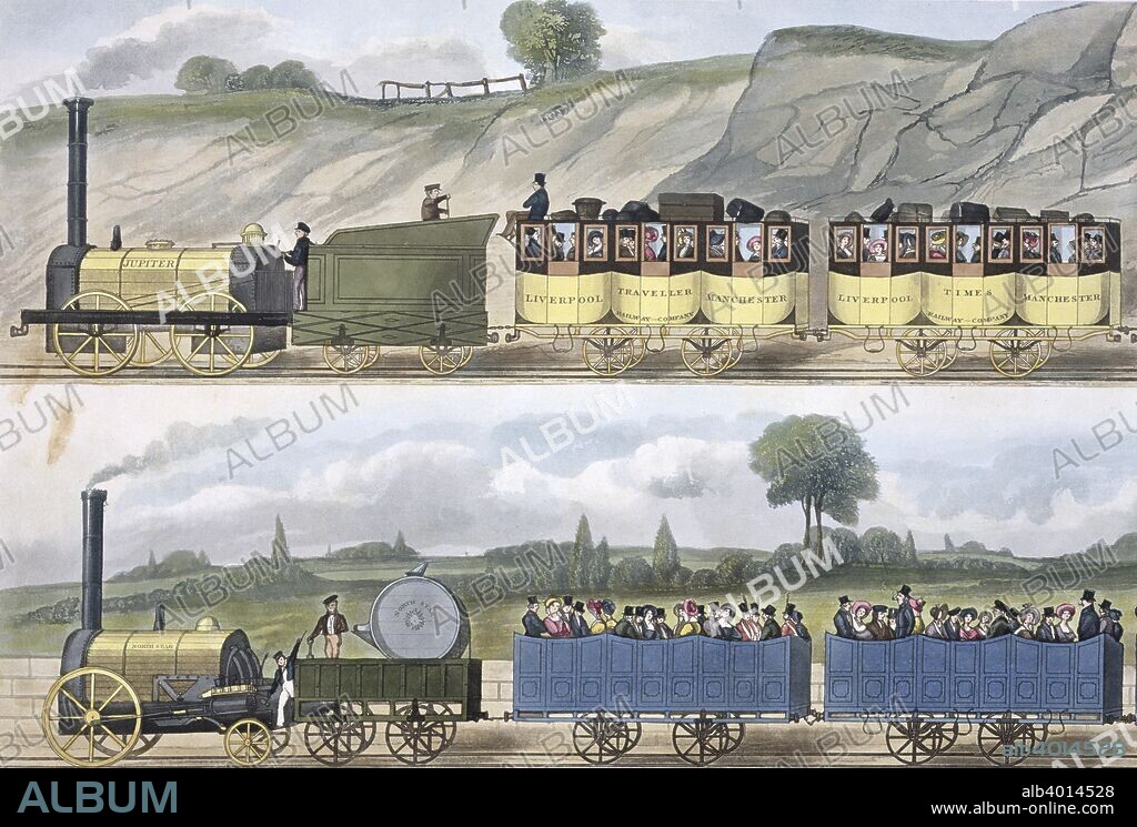 'Coloured view of the Liverpool & Manchester Railway', 1832-1833. The world's first steam railway opened on 15 September 1830. First class passengers in closed carriages (top) and second class passengers in open wagons, (bottom). Illustration published by Ackermann & Co, (London, 1832-1833).