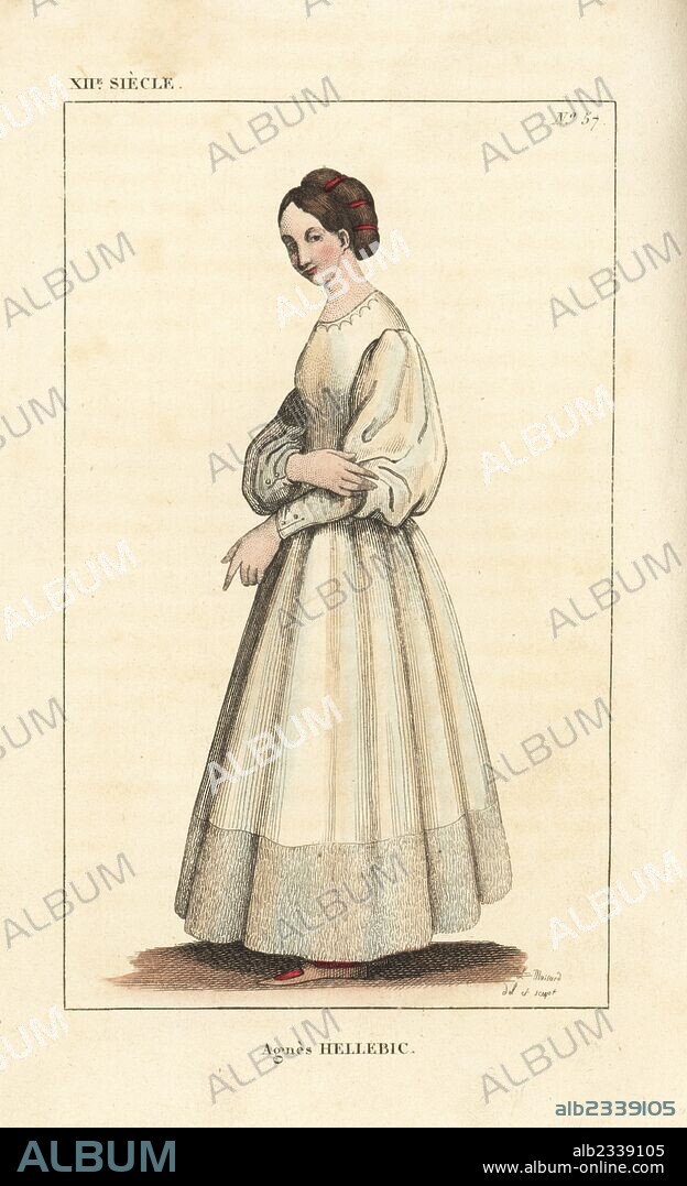 Agnes Hellebic, tragic suicide in Paris, 12th century. Deserted by her lover, she threw herself down a well which came to be known as the Puits d'Amour (Well of Love). She wears her hair tied in a bun, a dress trimmed with fur and puff sleeves a la bombarde. Handcoloured copperplate drawn and engraved by Leopold Massard from "French Costumes from King Clovis to Our Days," Massard, Mifliez, Paris, 1834.