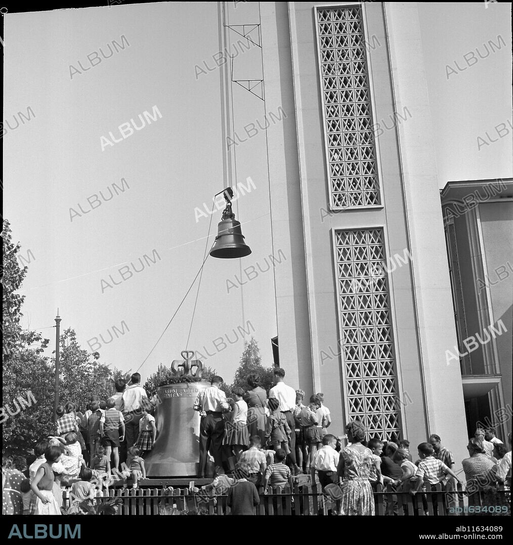 Ceremonious lifting of church bells at the tower of Albisrieden, Zurich 1959.