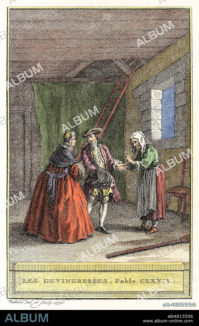 Les devineresses. Illustration de 1758 d'apres Jean-Baptiste OUDRY (1686-1755) pour la fable du Livre de Jean de LA FONTAINE (1621-1695). Mise en couleur par nos soins. Credit : Collection Jonas/Kharbine-Tapabor.