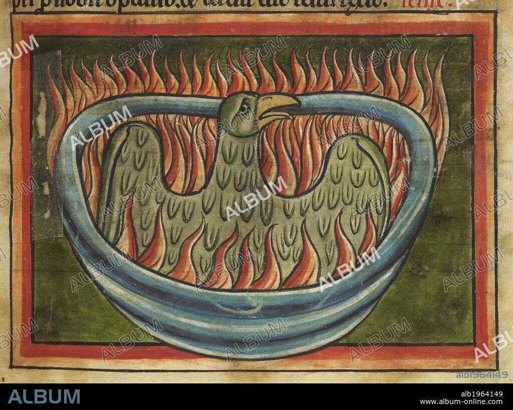 Phoenix on a funeral pyre. Bestiary. England (Salisbury?); 1230-1240. (Bottom miniature) A phoenix on a funeral pyre before it rises from the ashes as a worm which becomes a bird once more.  Image taken from Bestiary.  Originally published/produced in England (Salisbury?); 1230-1240. . Source: Harley 4751, f.45. Language: Latin.