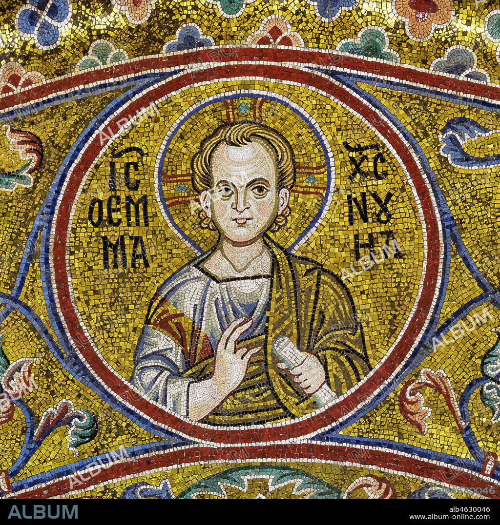 Monreale Cathedral, apsidal arch: Jesus Christ Immanuel, byzantine school mosaic with a golden background. The mosaics of the Cathedral were made between the twelfth and mid-thirteenth century by partly local and partly Venetian workers, trained at the Byzantine school.