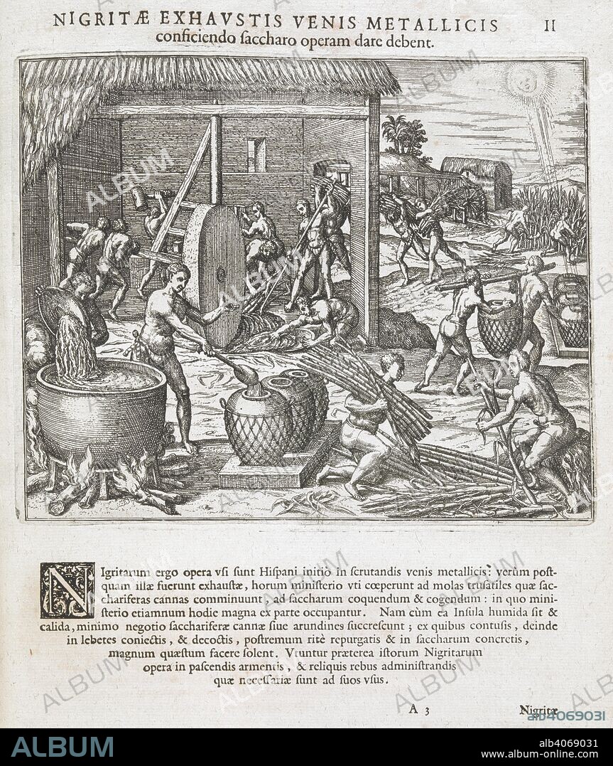 THEODOR DE BRY. African slaves processing sugar cane (Caribbean), for the Spanish. America. Part V. Latin. [Frankfort], Frankfurt 1595. Source: C.74.g.5.(2) page A3. plate II. Language: Latin.