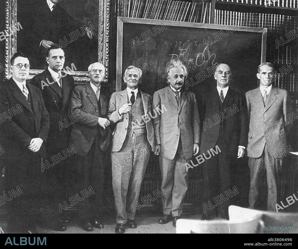 Albert Einstein and Albert Michelson met at Mount Wilson in 1931, just before Michelson's death. From left to right are Milton Humason, Edwin Hubble, Charles St. John, Albert Michelson, Albert Einstein, W.W. Campbell and Walter S. Adams.