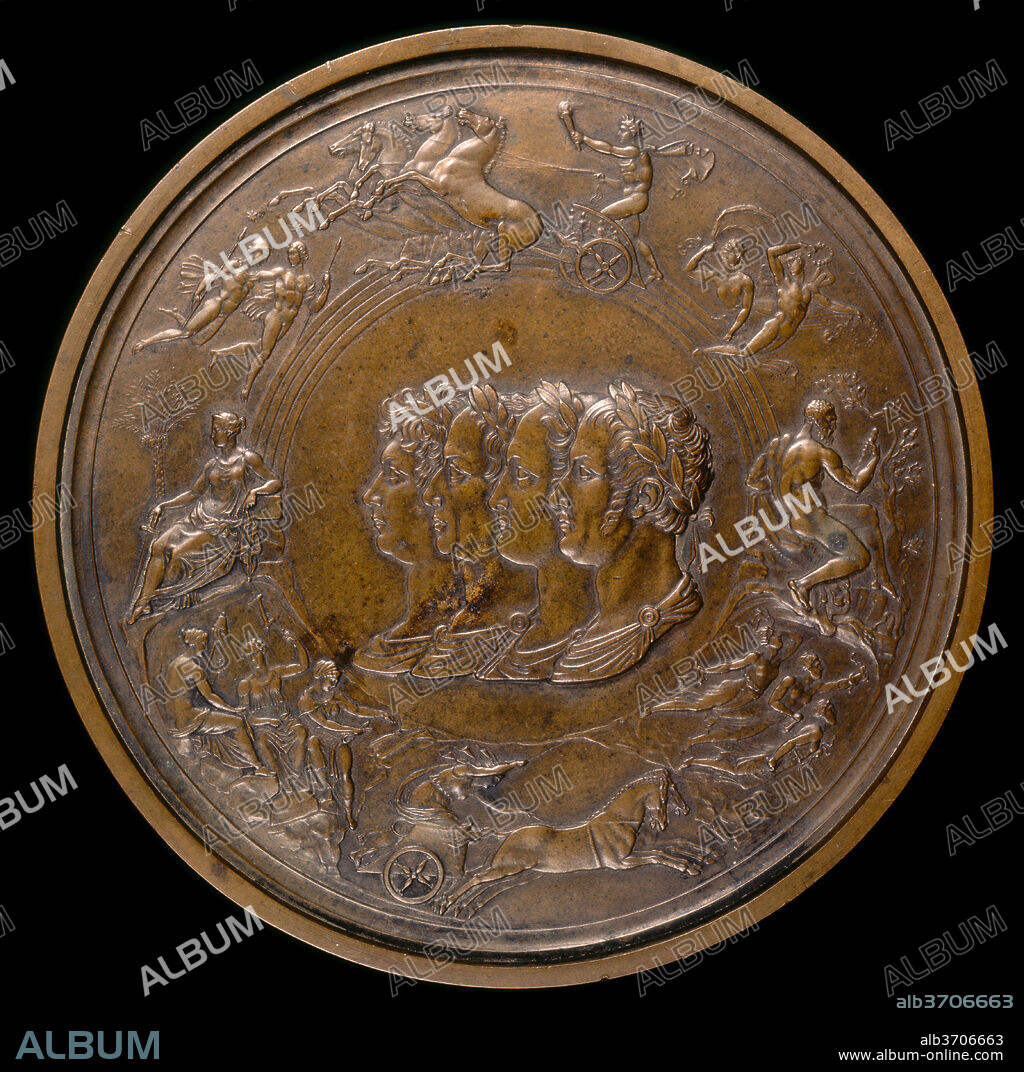 BENEDETTO PISTRUCCI. The Waterloo Medallion: The Prince Regent (later George IV) of England, Francis II of Austria, Alexander I of Russia, and Frederick Wilhelm III of Prussia Surrounded by Symbols of Power and Justice, with Day, Night, the Fates, and the Furies [obverse]. Dated: designed 1817-1850, produced 1861. Dimensions: overall (diameter): 13.87 cm (5 7/16 in.)  gross weight: 506.5 gr (1.117 lb.)  axis: 12:00. Medium: copper.