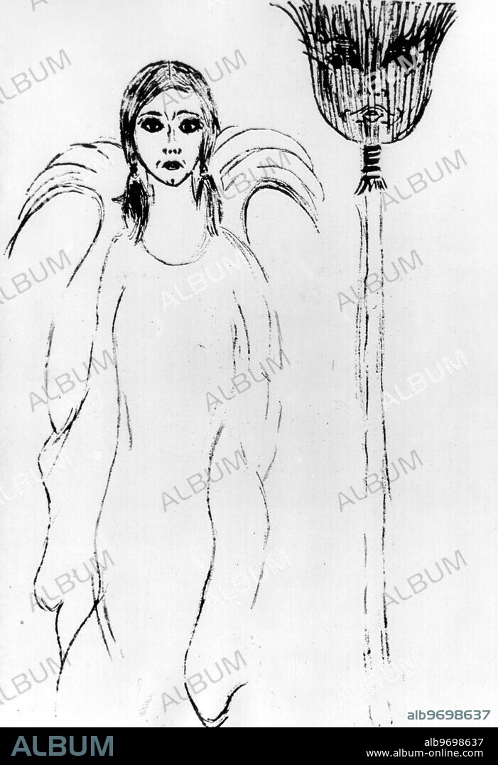 This drawing, by defendant Susan Atkins, betrays state witness Linda Kasabian as an angelic figure with a witches broom. The sketch, drawn in pencil on yellow lines legal paper, was done during testimony on the Tate LaBianca murders. Disabling had earlier testified that she was considered which by them Mason "family" and that she considered herself as having been sent by God to testify. 22nd of August 1970.