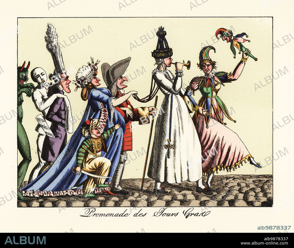 Masquerade procession with commedia dell'arte figures, Mardi Gras or Shrove Tuesday. Harlequin in motley with a marotte, Pulcinella with drum and horn. With a man in bicorn, dwarf in Turkish dress, man in a tall wig, Egyptian mummy, demon. Promenade des Jours Gras. Handcoloured lithograph after an anonymous early 19th century engraving from Henry Rene dAllemagnes Recreations et Passe-Temps, Games and Pastimes, Hachette, Paris, 1906.