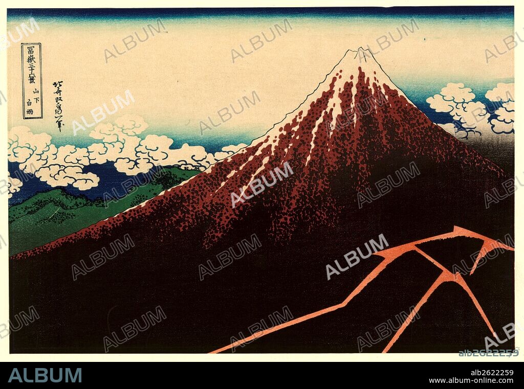Sanka hakuu, Shower below the summit., Katsushika, Hokusai, 1760-1849, artist, [between 1826 and 1833, printed later], 1 print : woodcut, color., Print shows flashes of lightning below the summit of Mount Fuji.