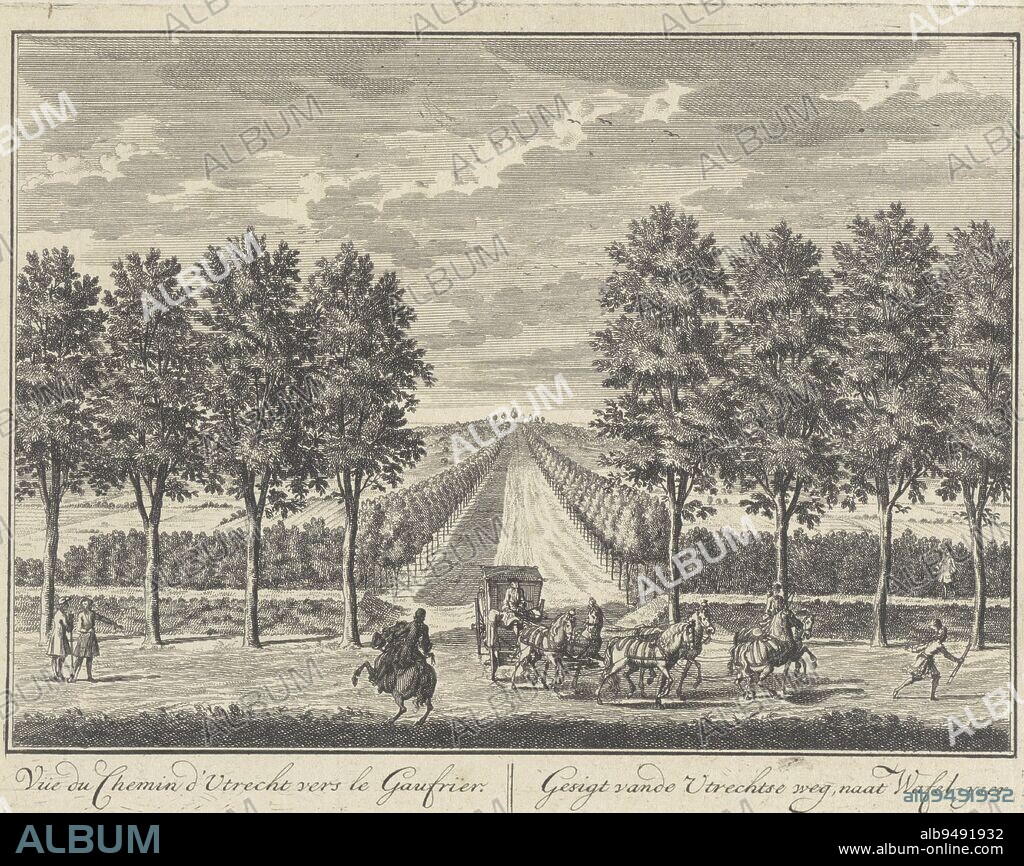 View from the Utrechtseweg, the present Rijksstraatweg, between Amerongen and Leersum in an avenue leading to the so-called Wafelijzer, a wood with intersecting paths, belonging to the park Kasteel Zuilenstein at Leersum. In the foreground a horseman and a carriage drawn by six horses, View of the lane leading to the Waffle iron near Zuilenstein Castle, Gesigt vande Utrechtse weg, naat Wafel-yser / Vüe du Chemin d'Utrecht vers le Gaufrier Views of Zuilenstein Castle, Leersum (series title)., print maker: Daniël Stopendaal, Amsterdam, 1682 - 1726, paper, etching, h 165 mm × w 210 mm.