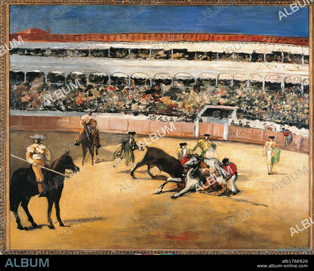 Bullfight, by Edouard Manet, 1865-1866 about, 19th Century, oil on canvas, cm 90 x 110,5. France, Ile de France, Paris, Muse dOrsay, RF1976-8. All. Bullfight horse arena viewers Bull toreador lance.