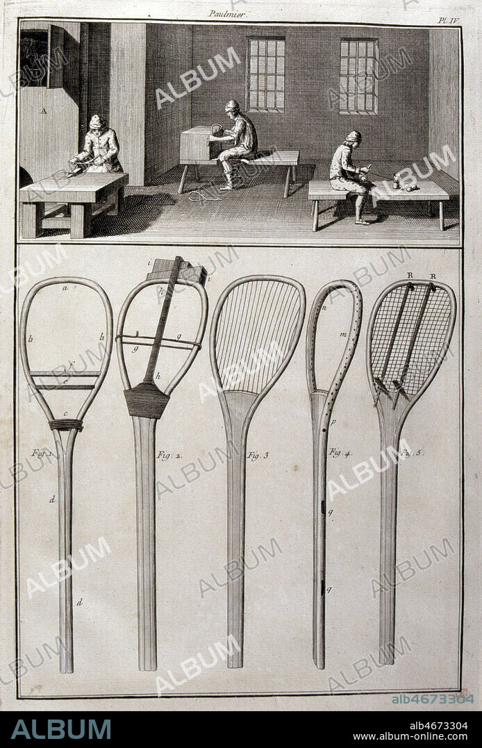 L'Art du paumier Raquetier, en haut atelier de raquetier, en bas diverses sortes de raquettes, planche extraite de "Description des Arts et Metiers", parue sous le patronnage de l'Academie des Sciences en 1767, par GARSAULT François-Alexandre-Pierre de (1693-1778), capitaine des haras de France et auteur de plusieurs ouvrages du type encyclopedique, . JEU DE PAUME, Loisirs a la fin du 18eme, epoque Regne de LOUIS XV. Atelier au 18eme siecle. Credit JEAN VIGNE/KHARBINE TAPABOR.