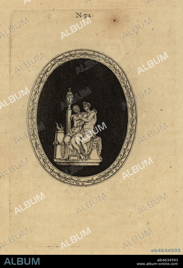 Emperor Nero raping the Vestal Virgin Rubria. Neron abuse de la vestale Rubiria. Copperplate engraving from Pierre-Francois d'Hancarvilles Monumens de la Vie Privee des Douze Cesars, Chez Sabellus, Capri (Monuments of the Private Lives of 12 Caesars, Leclerc, Nancy) 1780. From imaginary Spintria, medals and cameos.
