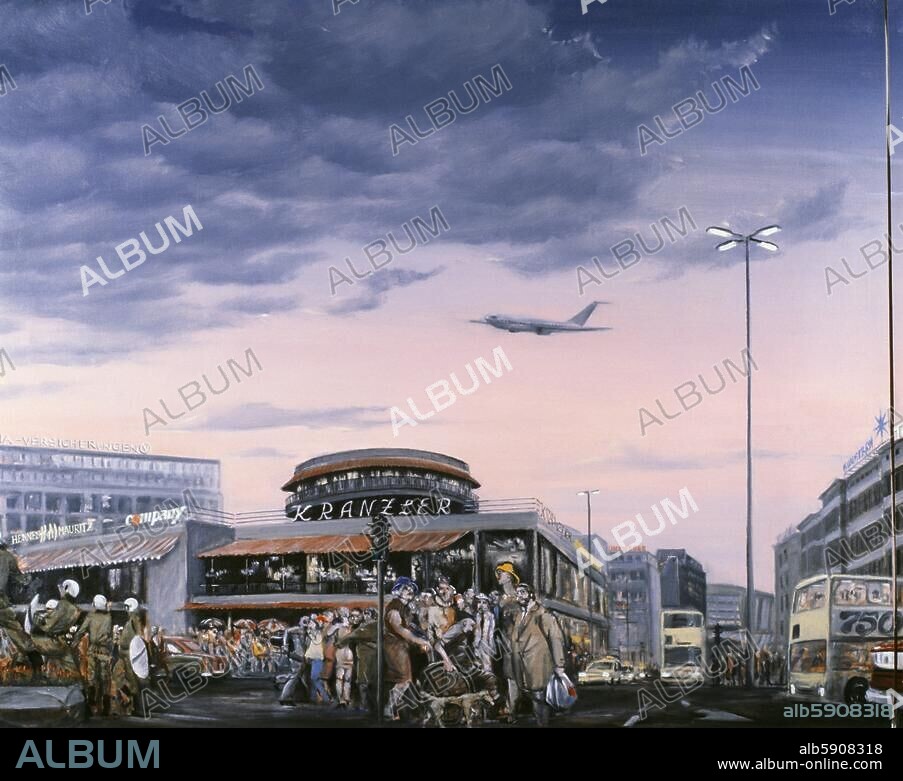 Berlin-Charlottenburg, Kurfürstendamm /. Kreuzung Joachimstaler Straße. - "Kurfürstendamm-Panorama" (Entwurf für ein Rundbild zur 750-Jahrfeier von Berlin; zwei Teile; nicht ausgeführt). Linker Teil, Ausschn.: Joachimstaler Str. n. Norden. Gemälde, 1984, von Matthias Koeppel (geb. 1937). Öl / Lw, Gesamtmaße 74 × 319 cm. Besitz des Künstlers.
