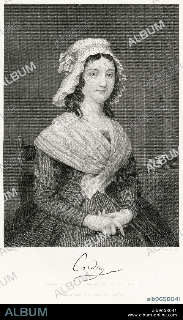 Charlotte Corday (1768-93), Executed by Guillotine for the Assassination of Jacobin Leader Jean-Paul Marat during French Revolution, Seated Portrait, Steel Engraving, Portrait Gallery of Eminent Men and Women of Europe and America by Evert A. Duyckinck, Published by Henry J. Johnson, Johnson, Wilson & Company, New York, 1873.