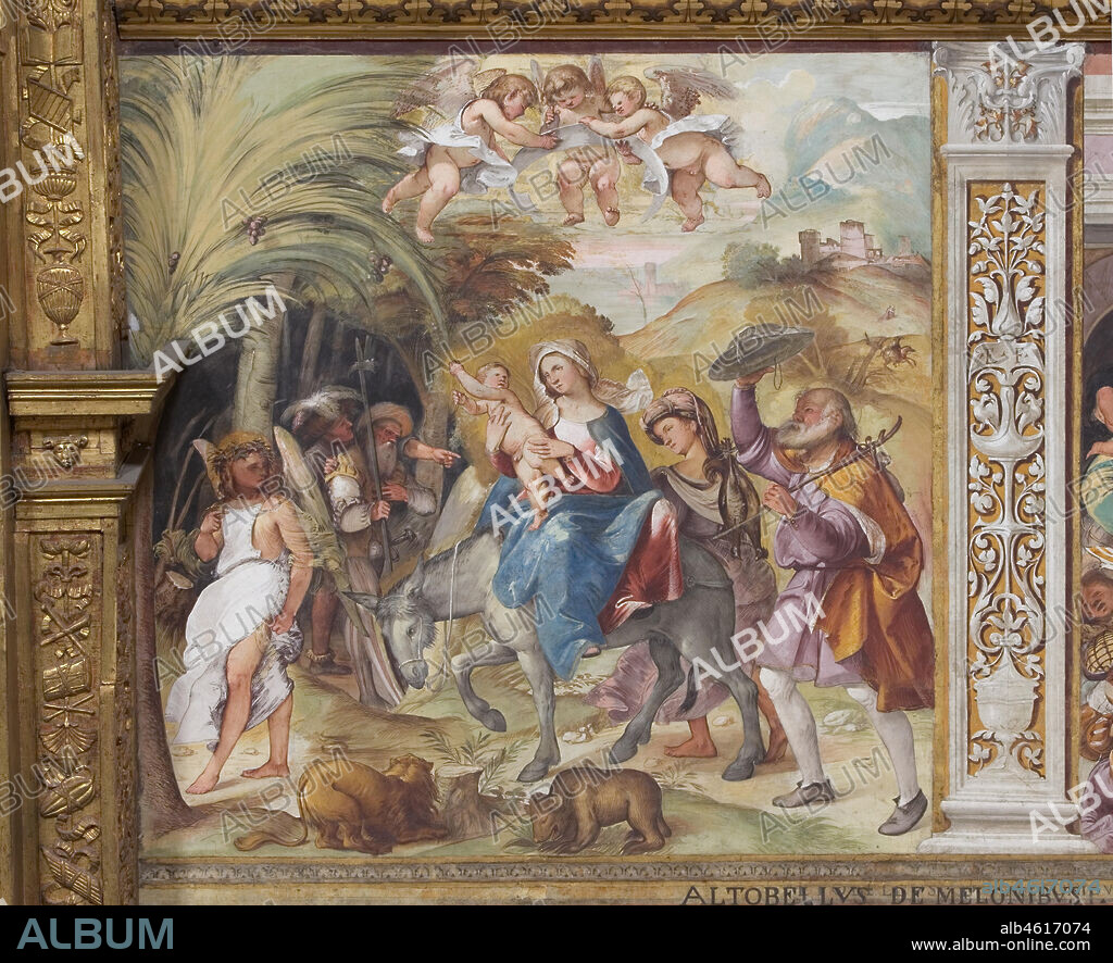 Duomo (Cattedrale di S. Maria Assunta), interno, presbiterio, settimo arcone: "Fuga in Egitto", affresco di Altobello Melone, 1517.