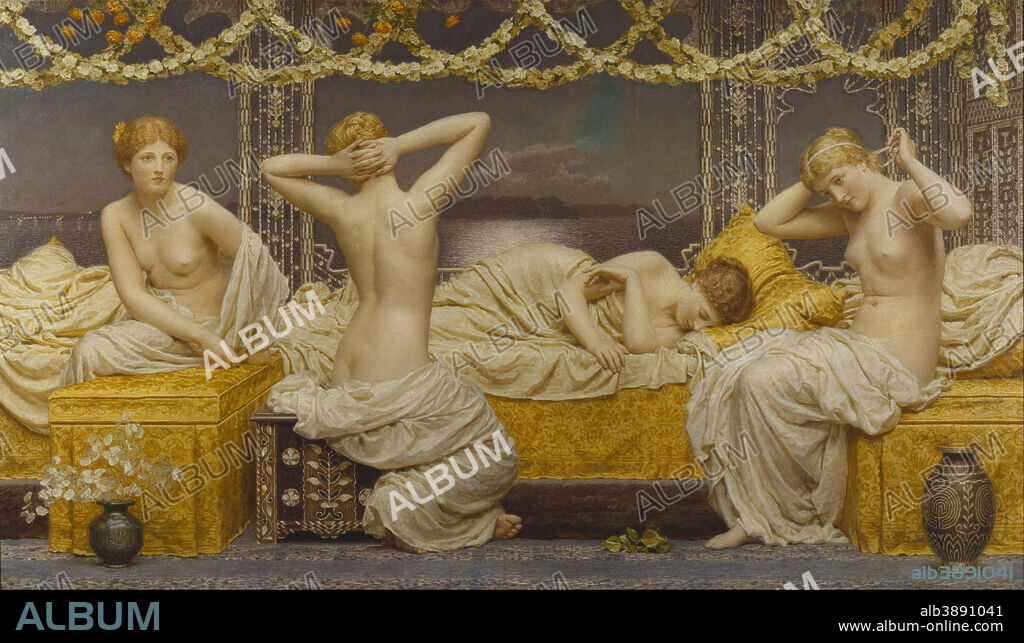 ALBERT JOSEPH MOORE. A Summer Night. Date/Period: Ca. 1887. Painting. Oil on canvas. Height: 1,320 mm (51.96 in); Width: 2,285 mm (89.96 in).