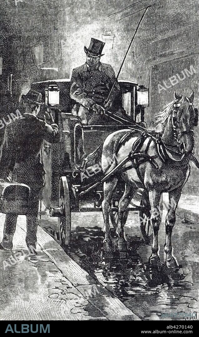 An engraving depicting a Fiacre, a form of a hackney coach, a horse-drawn four-wheeled carriage for hire. Dated 19th century.