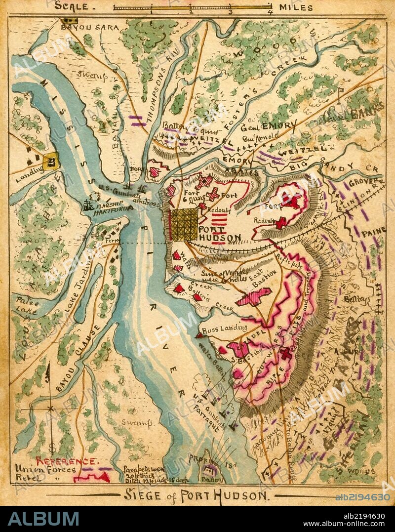 Union troops on land and water surrounding Confederate fortifications at Port Hudson, La., on the Mississippi River, approximately 25 miles north of Baton Rouge. The Union XIX Corps under Gen. Banks had its first engagement May 26th on the Bayou Sara Road, and laid siege to the fort on May 27th. Confederate Gen. Franklin Gardner surrendered Port Hudson on July 9th, 1863, after having been under siege for six weeks and upon hearing news of the fall of Vicksburg to Gen. Grant on July 4th.